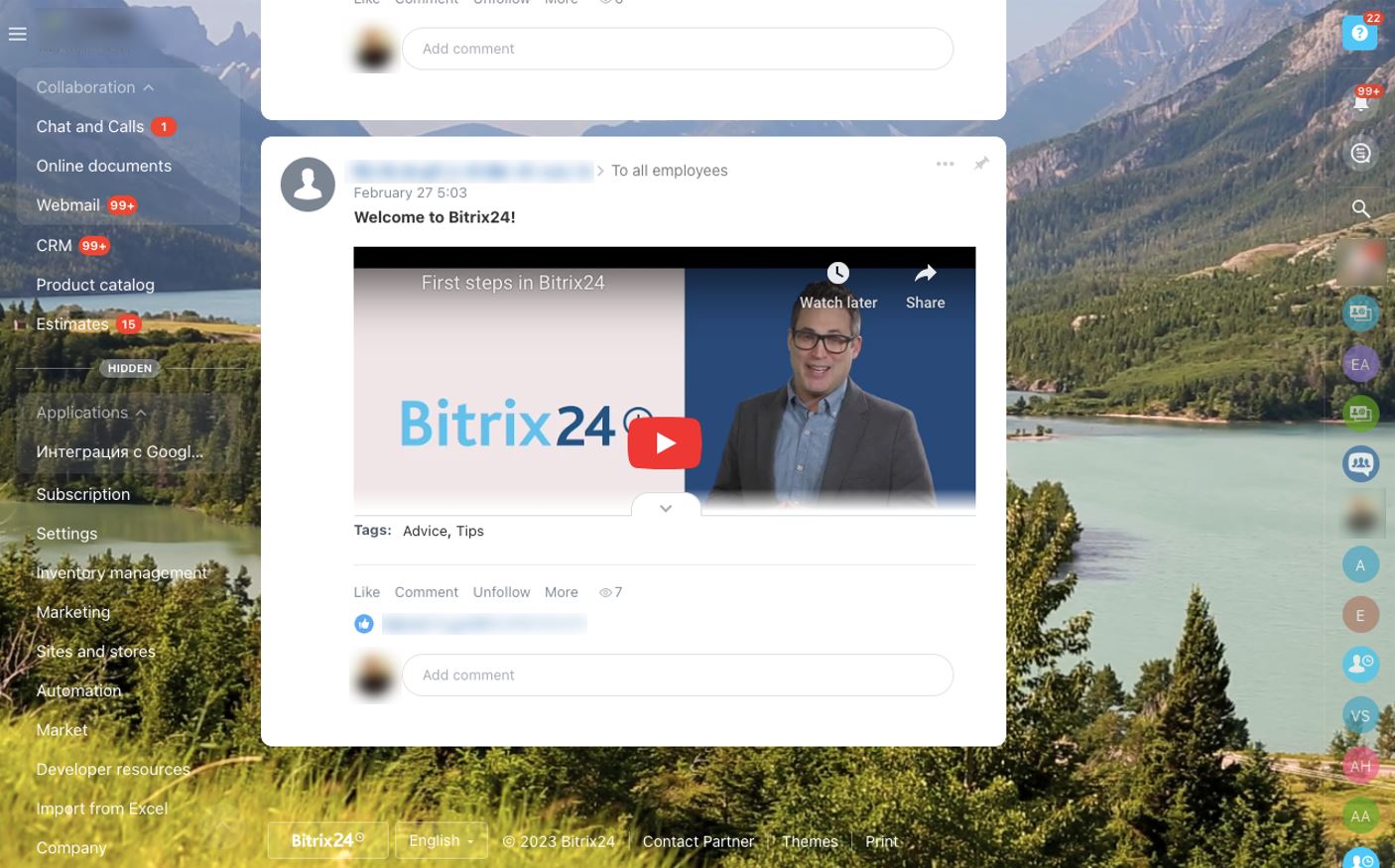 General view of Bitrix24. News feed.