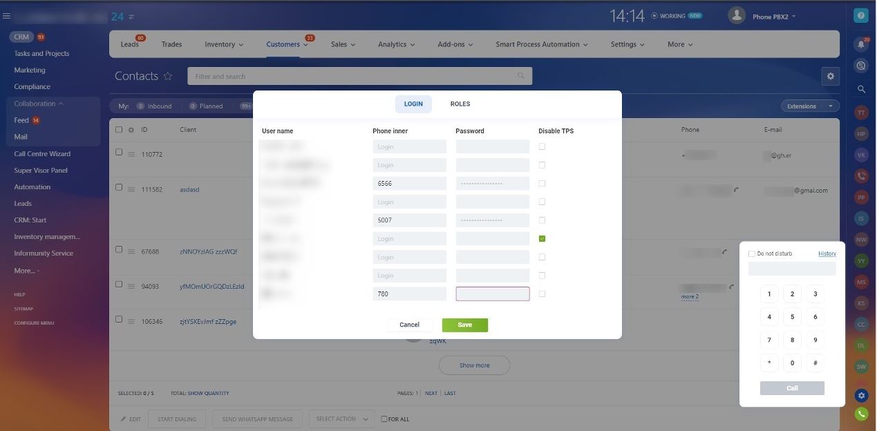 Settings for a browser softphone for an admin.